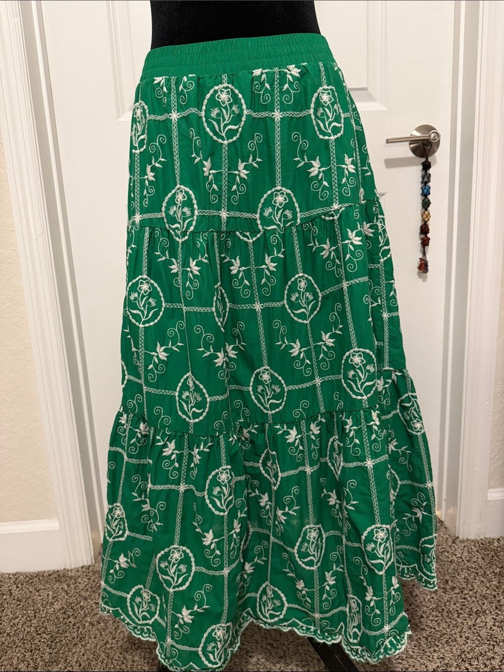 Pinch Emerald Green White Embroidered Tiered Maxi Skirt - Picture 1 of 6